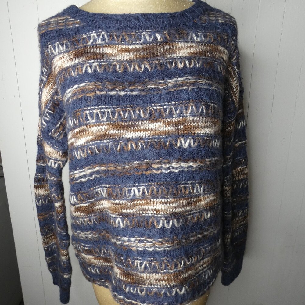 Cliche Women's L Wool Blend Chunky Pullover Sweater Blue & Brown Fuzzy